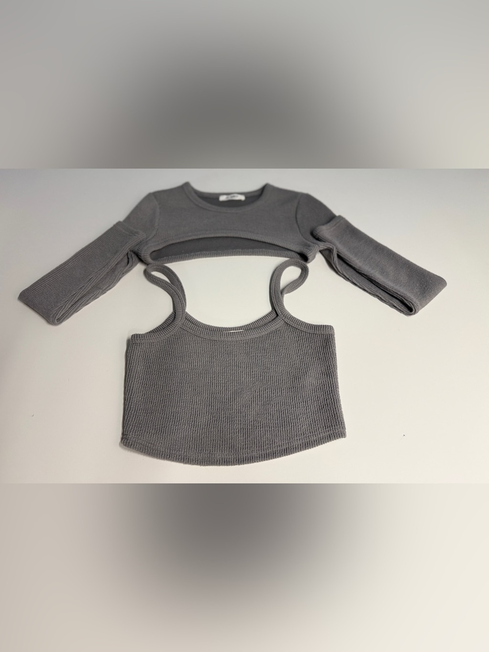 Ribbed Gray Cutout Crop Top Set - Women